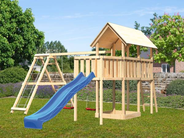 Karibu Spielturm Danny Satteldach + Rutsche blau + Doppelschaukelanbau Klettergerüst + Anbauplattform Karibu Spielturm Danny Satteldach + Rutsche blau + Doppelschaukelanbau Klettergerüst + Anbauplattform