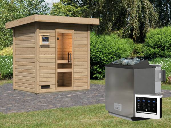 Karibu Saunahaus Caapi 2, inkl. 9 kW Bioofen ext. Steuerung, mit Klarglastür und Fußboden Karibu Saunahaus Caapi 2, inkl. 9 kW Bioofen ext. Steuerung, mit Klarglastür und Fußboden