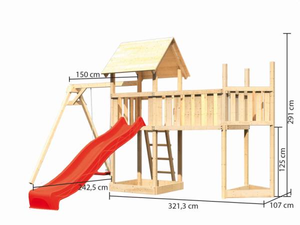 Akubi Spielturm Lotti Satteldach + Schiffsanbau oben + Einzelschaukel + Anbauplattform XL + Rutsche in rot