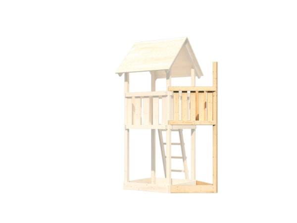 Akubi Spielturm Anna + Rutsche rot + Doppelschaukelanbau Klettergerüst + Anbauplattform XL + Kletterwand + Schiffsanbau oben