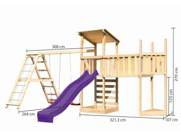 Akubi Spielturm Anna + Rutsche violett + Doppelschaukelanbau Klettergerüst + Anbauplattform XL + Kletterwand + Schiffsanbau oben