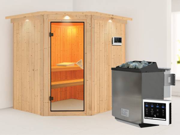 Karibu Sauna Siirin 68 mm- klassische Saunatür- 4,5 kW Bioofen ext. Strg- mit Dachkranz