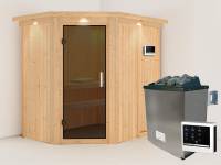 Karibu Sauna Carin inkl. 9 kW Ofen ext. Steuerung mit graphitfarbener Saunatür - mit Dachkranz -