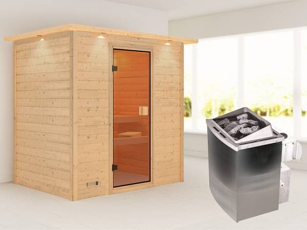 Karibu Woodfeeling Sauna Sonja - Classic Saunatür - 4,5 kW Ofen integr. Strg. - mit Dachkranz