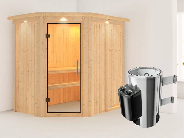 Saja - Karibu Sauna Plug & Play 3,6 kW Ofen, int. Steuerung - mit Dachkranz - Klarglas Ganzglastür