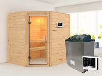Karibu Sauna Mia- Klarglas Saunatür- 4,5 kW Ofen ext. Strg- ohne Dachkranz