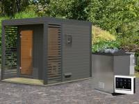 Karibu Hybrid Saunahaus Ares 2, terragrau/anthrazit -inkl. 9 kW Bioofen ext. Steuerung-