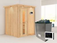 Karibu Sauna Norin- energiesparende Saunatür- 4,5 kW Ofen ext. Strg- mit Dachkranz