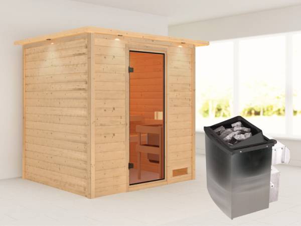 Karibu Sauna Anja inkl. 9 kW Ofen integr. Steuerung, mit klassischer Saunatür -mit Dachkranz-