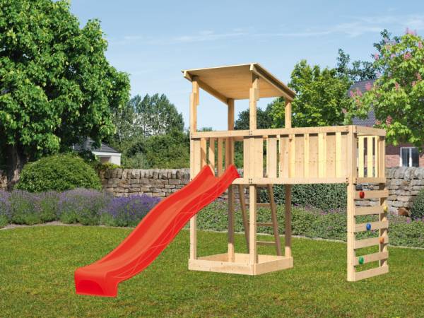 Akubi Spielturm Anna + Rutsche rot + Anbauplattform XL + Kletterwand