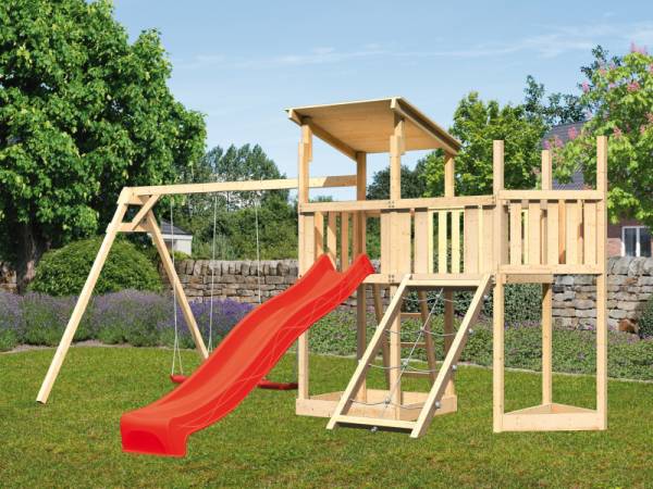 Akubi Spielturm Anna + Rutsche rot + Doppelschaukel + Anbauplattform + Netzrampe + Schiffsanbau oben