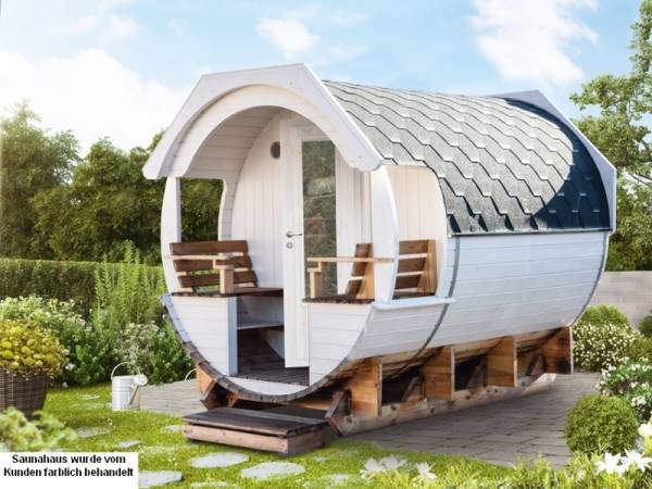 Wolff Finnhaus Thermoholz Saunafass Finja 2 Premium komplett montiert mit schwarzen Dachschindeln Wolff Finnhaus Thermoholz Saunafass Finja 2 Premium komplett montiert mit schwarzen Dachschindeln
