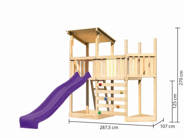 Akubi Spielturm Anna + Rutsche violett + Anbauplattform + Kletterwand + Schiffsanbau oben