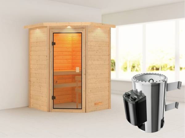 Karibu Sauna Antonia mit 3,6 kW Ofen integr. Strg und Dachkranz 38 mm Karibu Sauna Antonia mit 3,6 kW Ofen integr. Strg und Dachkranz 38 mm
