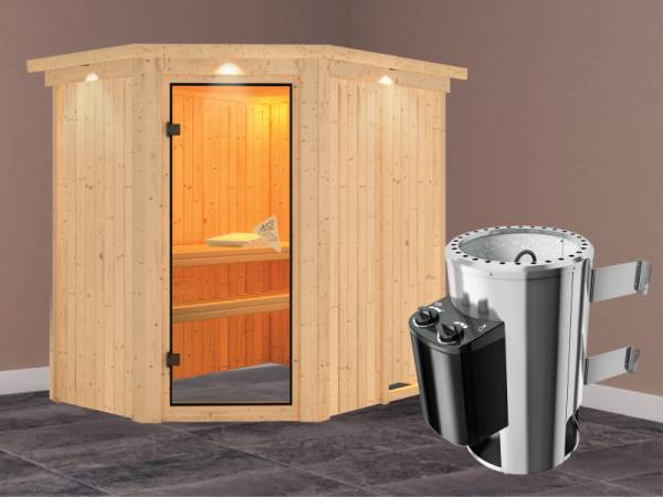 Saja - Karibu Sauna Plug &amp; Play inkl. 3,6 kW-Ofen - mit Dachkranz -