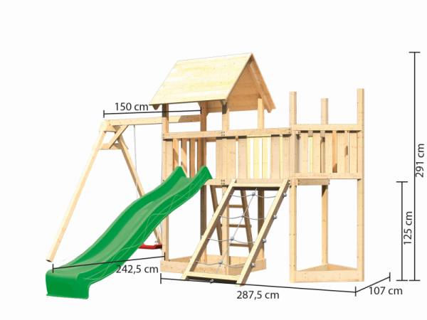 Akubi Spielturm Lotti Satteldach + Schiffsanbau oben + Anbauplattform + Einzelschaukel + Netzrampe + Rutsche in grün