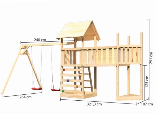 Akubi Spielturm Lotti Satteldach + Schiffsanbau oben + Doppelschaukel + Anbauplattform XL + Kletterwand