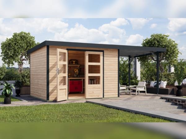 Karibu Hybrid Gartenhaus Jupiter 5 A naturbelassen/anthrazit, inkl. 2,35 m Anbaudach