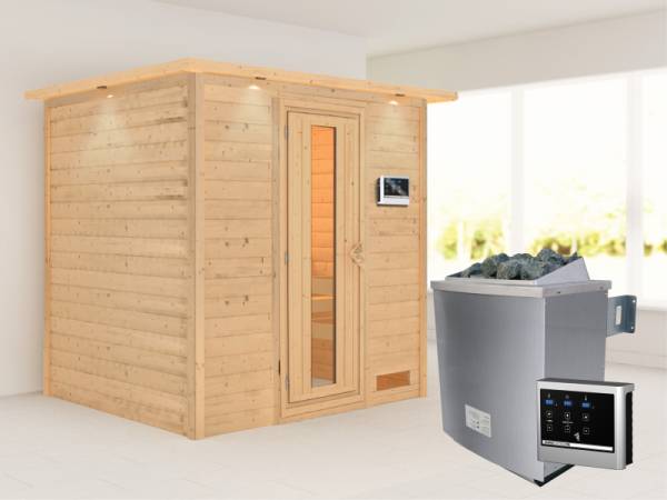 Karibu Woodfeeling Sauna Anja - energiesparende Saunatür - 4,5 kW Ofen ext. Strg. - mit Dachkranz