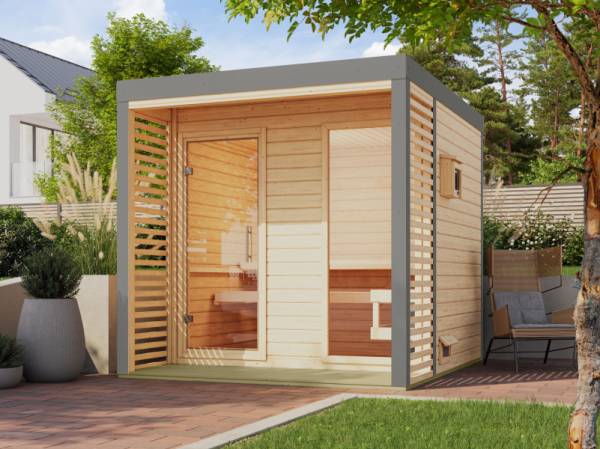 Karibu Hybrid Saunahaus Ares 2, naturbelassen/graualuminium -ohne Ofen- Karibu Hybrid Saunahaus Ares 2, naturbelassen/graualuminium -ohne Ofen-