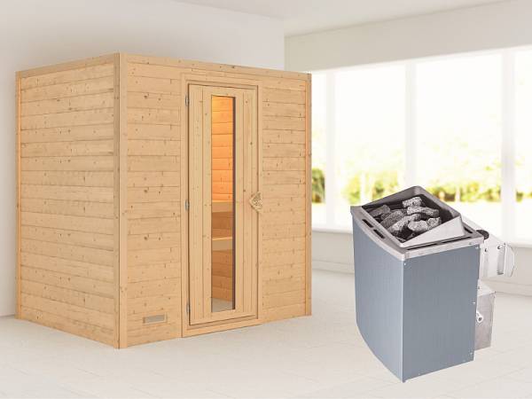 Karibu Woodfeeling Sauna Sonja - energiesparende Saunatür - 4,5 kW Ofen integr. Strg. - ohne Dachkranz