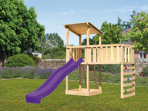 Akubi Spielturm Anna + Rutsche violett + Anbauplattform XL + Kletterwand