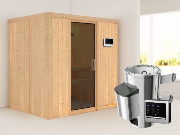 Fanja - Karibu Sauna Plug &amp; Play 3,6 kW Ofen, ext. Steuerung - ohne Dachkranz - Moderne Saunatür