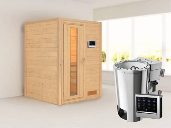 Nadja - Karibu Sauna Plug &amp; Play 3,6 kW Bio Ofen, ext. Steuerung - ohne Dachkranz - Energiespartür