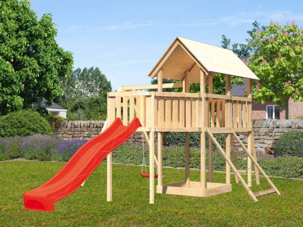Akubi Spielturm Danny Satteldach + Rutsche rot + Einzelschaukel + Anbauplattform XL + Netzrampe