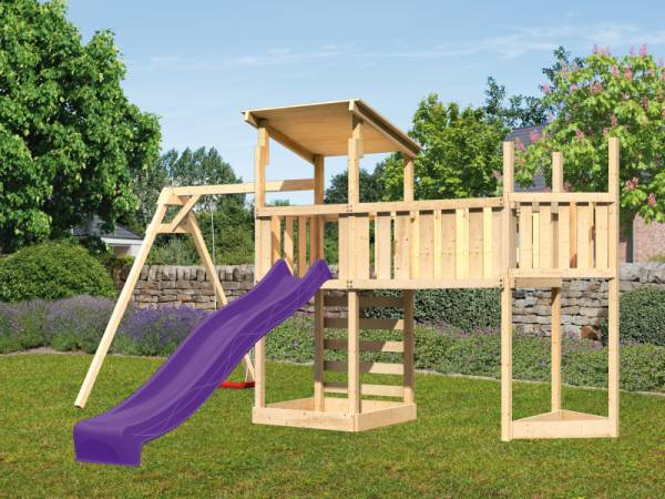Akubi Spielturm Anna + Rutsche violett + Einzelschaukel + Anbauplattform XL + Kletterwand + Schiffsanbau oben