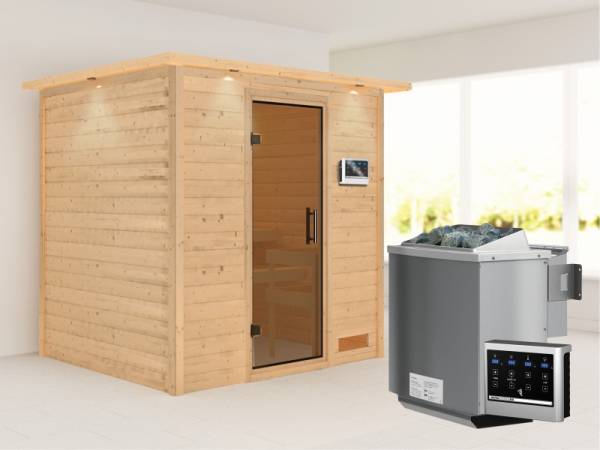 Karibu Woodfeeling Sauna Anja - Moderne Saunatür - 4,5 kW BIO-Ofen ext. Strg. - mit Dachkranz