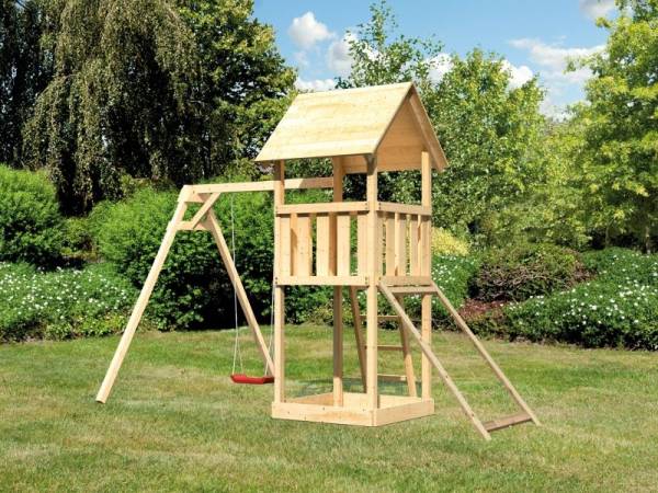 Akubi Spielturm Lotti mit Einzelschaukel und Netzrampe Akubi Spielturm Lotti mit Einzelschaukel und Netzrampe