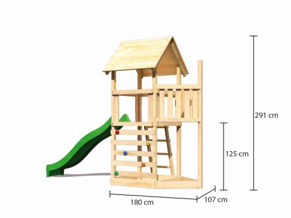 Akubi Spielturm Lotti Satteldach + Schiffsanbau oben + Kletterwand + Rutsche in grün