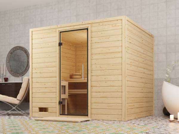 Karibu Aktionssauna Sindri mit 9 kW Ofen integr. Strg. ohne Dachkranz Karibu Aktionssauna Sindri mit 9 kW Ofen integr. Strg. ohne Dachkranz