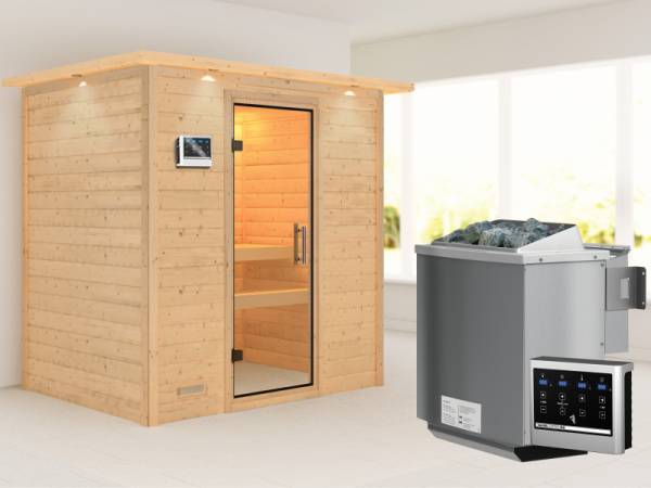 Karibu Woodfeeling Sauna Sonja - Klarglas Saunatür - 4,5 kW BIO-Ofen ext. Strg. - mit Dachkranz