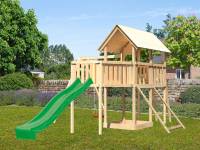 Akubi Spielturm Danny Satteldach + Rutsche grün + Einzelschaukel + Anbauplattform XL + Netzrampe