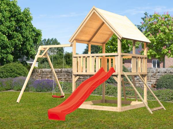 Akubi Spielturm Luis Satteldach + Rutsche rot + Einzelschaukel + Netzrampe