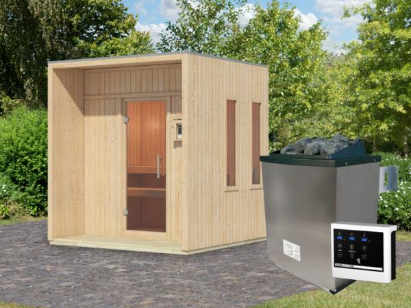Karibu Saunahaus Arcadia, natur, 73 mm -inkl. 9 kW Ofen ext. Steuerung Karibu Saunahaus Arcadia, natur, 73 mm -inkl. 9 kW Ofen ext. Steuerung