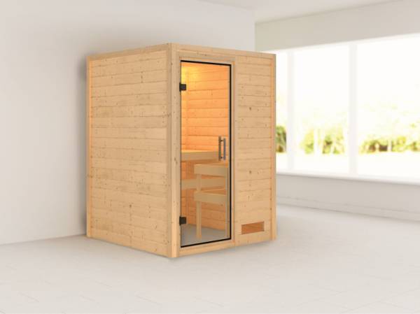 Nadja - Karibu Sauna Plug & Play ohne Ofen - ohne Dachkranz - Klarglas Ganzglastür Nadja - Karibu Sauna Plug & Play ohne Ofen - ohne Dachkranz - Klarglas Ganzglastür