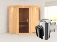 Tonja - Karibu Sauna Plug & Play 3,6 kW Ofen, int. Steuerung - mit Dachkranz - Moderne Saunatür
