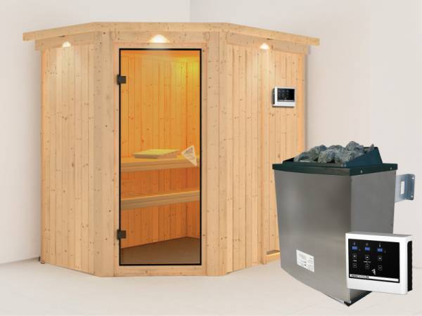 Karibu Sauna Carin inkl. 9 kW Ofen ext. Steuerung mit bronzierter Ganzglastür - mit Dachkranz -