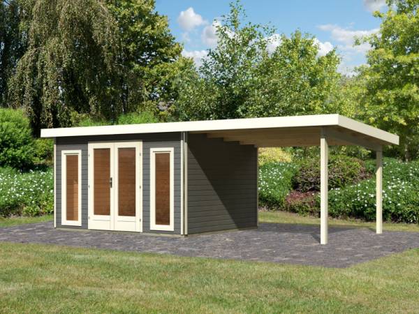 Karibu Gartenhaus Radeburg 2 terragrau 38 mm mit Anbaudach 3,3 m