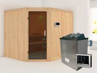 Karibu Sauna Malin inkl. 9-kW-Ofen mit externer Steuerung, ohne Dachkranz, mit moderner Saunatür