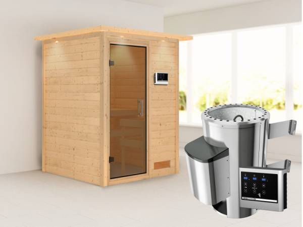 Nadja - Karibu Sauna Plug &amp; Play 3,6 kW Ofen, ext. Steuerung - mit Dachkranz - Moderne Saunatür