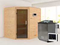 Karibu Sauna Mia- moderne Saunatür- 4,5 kW Bioofen ext. Strg- ohne Dachkranz
