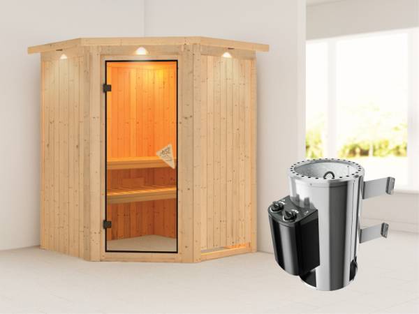 Nanja - Karibu Sauna Plug & Play inkl. 3,6 kW-Ofen - mit Dachkranz -