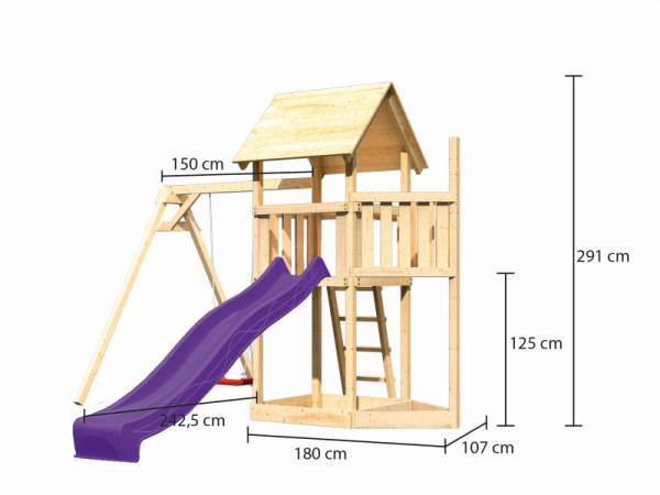 Akubi Spielturm Lotti Satteldach + Schiffsanbau oben + Einzelschaukel + Rutsche in violett