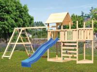 Akubi Spielturm Lotti Satteldach + Schiffsanbau oben + Anbauplattform + Doppelschaukel mit Klettergerüst + Kletterwand + Rutsche in blau
