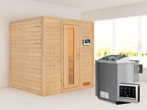 Karibu Woodfeeling Sauna Anja - energiesparende Saunatür - 4,5 kW BIO-Ofen ext. Strg. - ohne Dachkranz
