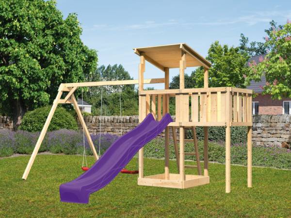 Akubi Spielturm Anna + Rutsche violett + Doppelschaukel + Anbauplattform